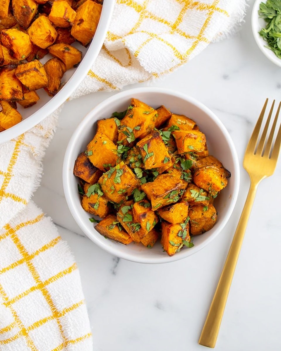 A small white bowl filled with roasted orange sweet potato cubes sprinkled with green chopped herbs on top. The sweet potatoes have a slightly crisp, browned texture. Next to the bowl on a white marbled surface is a gold-colored fork and part of another white bowl with more sweet potatoes. A white cloth with a yellow grid pattern is partially visible under the bowls. photo taken with an iphone --ar 4:5 --v 7