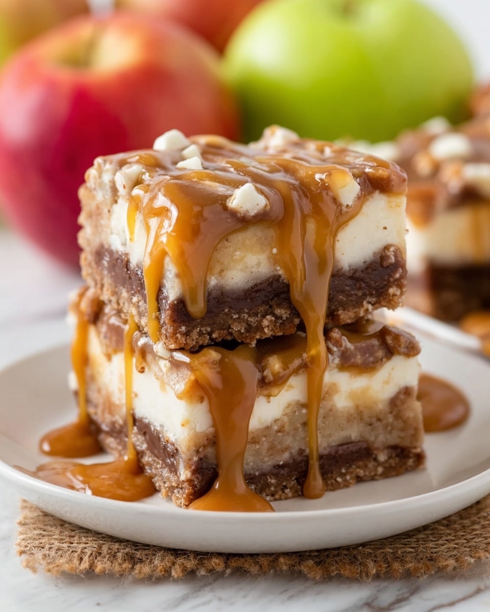 The image shows a stack of three dessert bars on a white plate against a white marbled surface. Each bar has three clear layers: the bottom is a light brown, crumbly crust, the middle is a creamy white layer with some texture, and the top layer is a mix of darker brown chunks mixed with white bits. Rich caramel sauce drips down the sides of the bars and pools slightly on the plate. The background has a soft blur with a red and a green object adding color behind the bars. Photo taken with an iphone --ar 4:5 --v 7