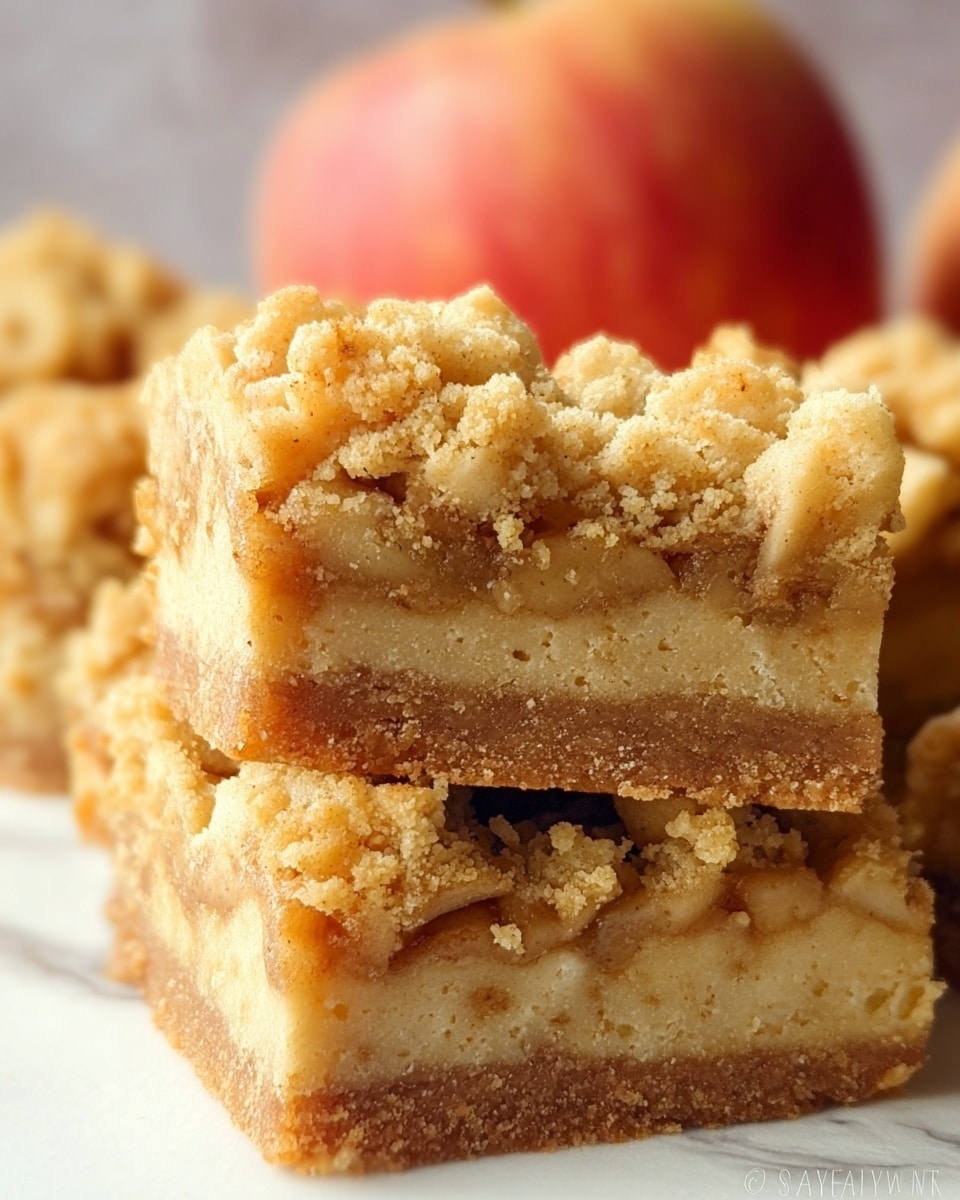 The image shows a close-up of a square apple crumb bar with three visible layers. The bottom layer is a firm and dense light brown crust. The middle layer has small apple chunks mixed with cinnamon, showing a slightly soft and moist texture with a mix of light yellow and caramel brown colors. The top layer is a crumbly streusel topping, golden beige with rough crumbs scattered unevenly. In the background, a soft-focus red apple is visible, all placed on a white marbled surface. photo taken with an iphone --ar 4:5 --v 7