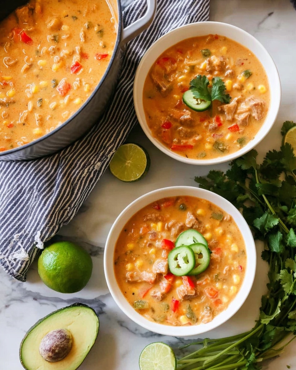 The image shows two white bowls filled with a thick, creamy orange soup that has visible chunks of vegetables like corn and red peppers mixed throughout. Next to the bowls, there is a bigger pot with more soup, along with a bright orange ladle resting inside. Around the bowls, fresh green lime halves, green pods, fresh cilantro leaves, and a halved avocado are arranged on a white marbled surface. The whole scene is bright and inviting, with the colorful soup contrasting against the clean, light background. Photo taken with an iphone --ar 4:5 --v 7