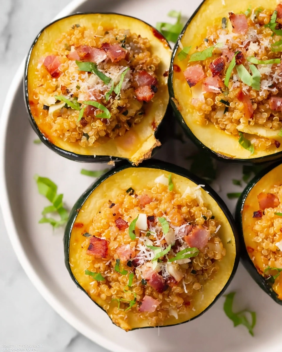 The image shows four pieces of yellow squash halved and hollowed out, each filled with a mixture of cooked brown rice. The rice filling contains small bits of orange, red, and green ingredients, possibly vegetables and herbs. On top of the rice, there are thin, white shredded pieces that look like cheese and small green herb leaves. The squash halves have smooth, glossy skin with a green edge and yellow interior. The food is placed on a warm brown wooden surface. photo taken with an iphone --ar 4:5 --v 7