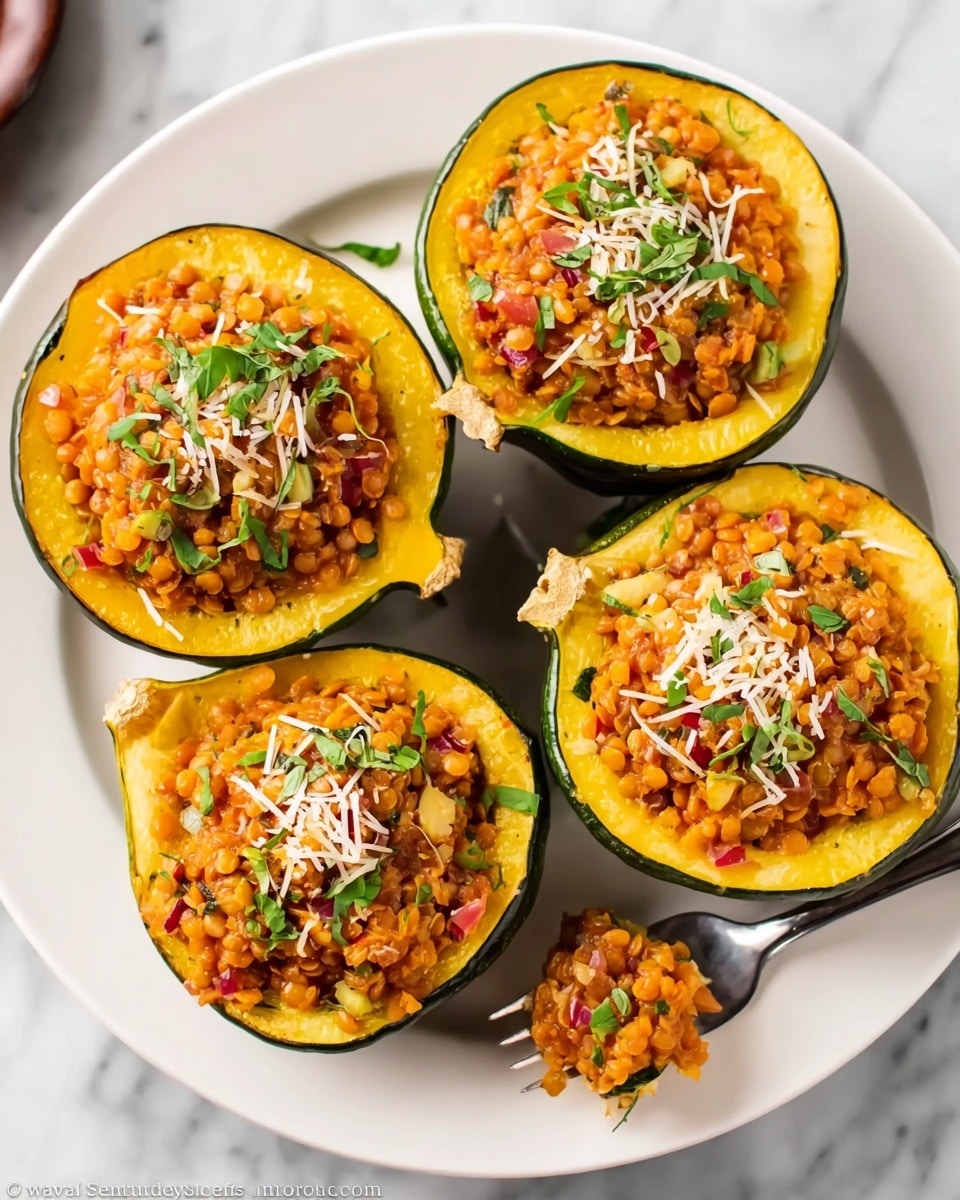 The image shows four pieces of yellow squash cut in half, each filled with a mixture of cooked brown lentils and small diced red pieces, likely tomatoes or red peppers. The lentil filling is topped with thin green slices of scallion and sprinkled with white shredded cheese. The rounded squash halves have green edges and are neatly arranged on a white oval plate resting on a white marbled surface. A fork lies on the plate, holding a small bite of the lentil mix. The photo taken with an iphone --ar 4:5 --v 7