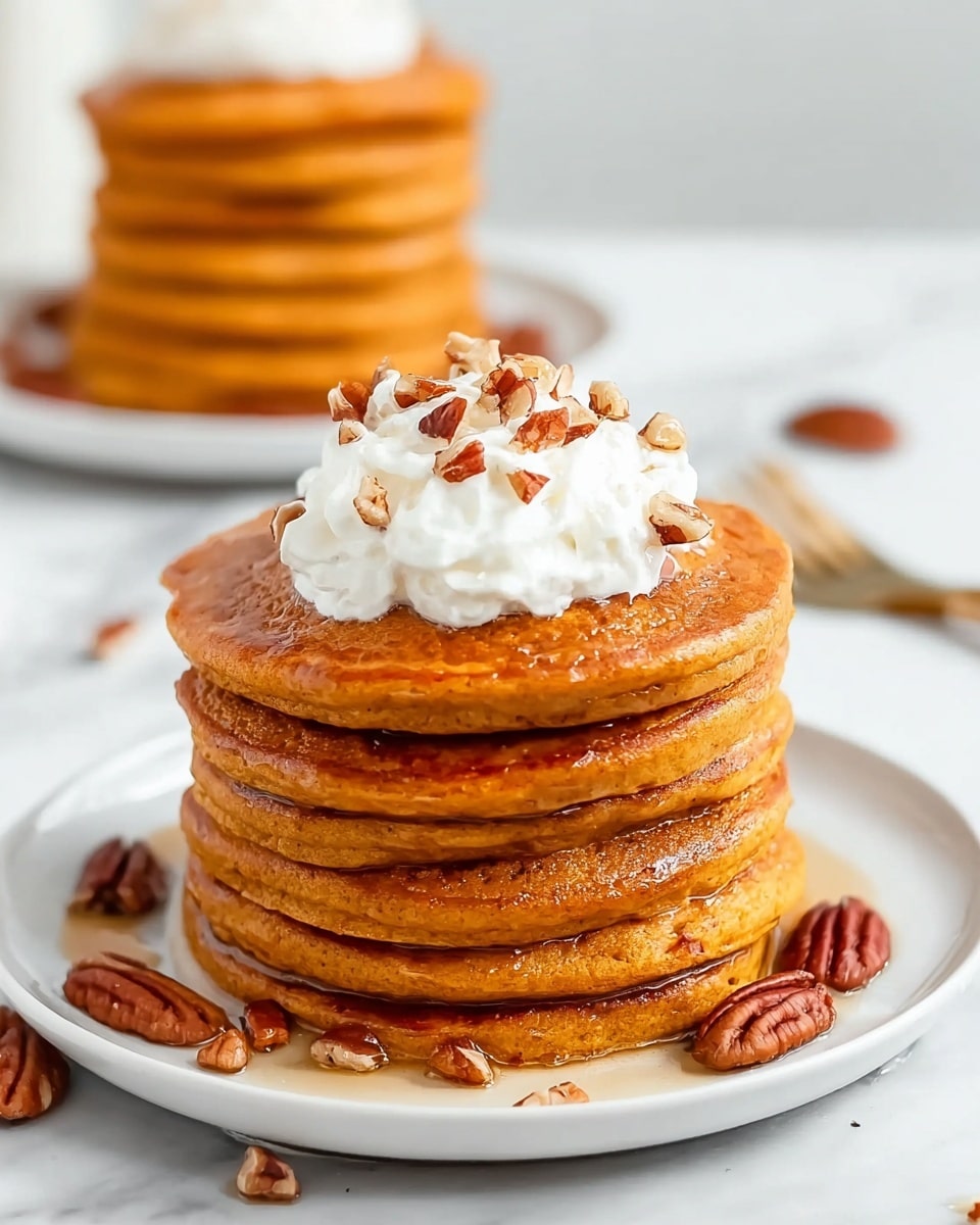 A stack of five golden brown pancakes is arranged in the center of a white plate on a white marbled surface. Each pancake shows a soft, fluffy texture with a slightly crisp edge, and there is visible syrup glistening on the sides and dripping down the layers. On top of the pancakes, there is a large dollop of white whipped cream sprinkled with chopped pecans, which are also scattered around the base of the stack. In the blurred background, there is another taller stack of similar pancakes and small bowls with more whipped cream and spices. Photo taken with an iphone --ar 4:5 --v 7