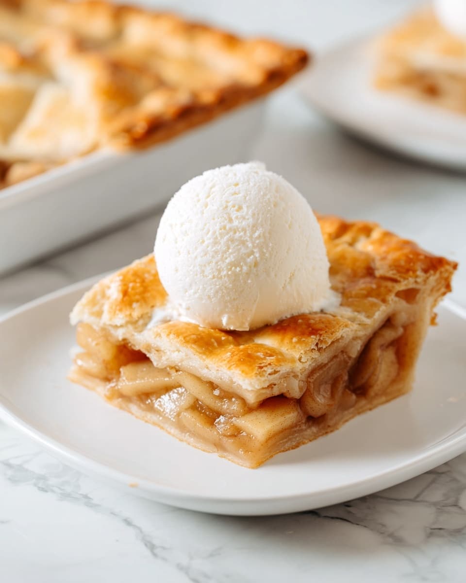 A square piece of golden brown apple pie sits in the center of a white square plate, showing a flaky top crust with slight cracks and a soft, cinnamon-colored apple filling beneath. On top of the pie, there is a single scoop of smooth, white vanilla ice cream that looks creamy and cold. The plate rests on a white marbled surface that adds a clean and bright background to the dish. photo taken with an iphone --ar 4:5 --v 7