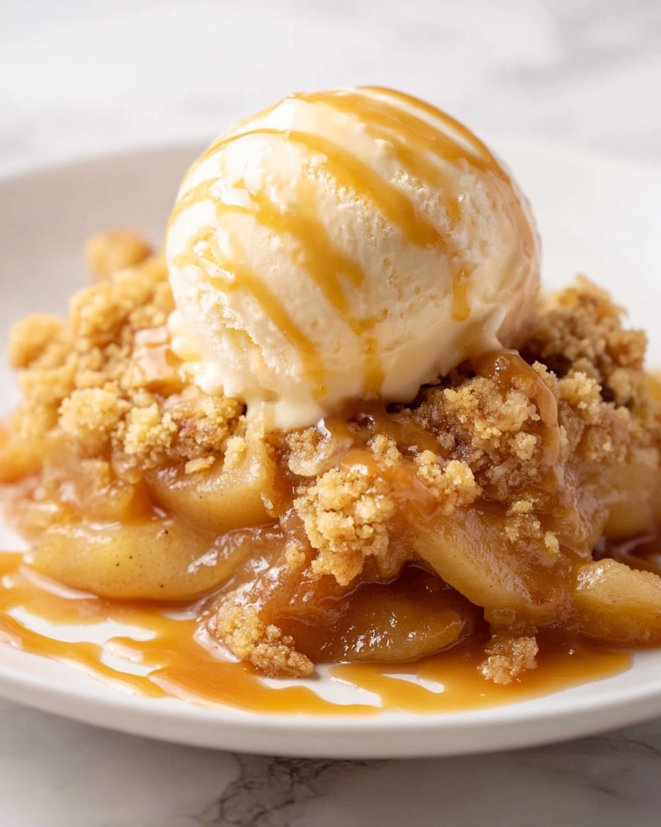 A serving of warm apple crumble sits on a white plate with a white marbled surface underneath. The bottom layer is soft, cooked apple slices coated in a shiny, light brown syrup with a slightly translucent look. On top of the apples is a thick layer of golden, crumbly topping with a rough texture made from baked crumbs and small pieces. Sitting on the crumble is a smooth, round scoop of creamy vanilla ice cream, off-white in color, with caramel sauce drizzled gently over it, adding a glossy touch. The colors blend warm golden browns and creamy whites, making the dish inviting. Photo taken with an iphone --ar 4:5 --v 7