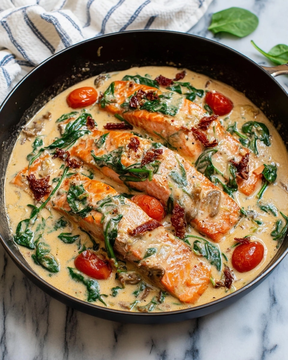 The image shows three thick pieces of cooked salmon fillets with a light orange color as the main layer, topped with a creamy white sauce containing wilted bright green spinach leaves and small chunks of light beige mushrooms. Scattered around the salmon are bright red cherry tomatoes, all sitting in a creamy sauce with a smooth texture and a pale yellow color speckled with black pepper. The dish is presented closely in a pan on a white marbled surface. photo taken with an iphone --ar 4:5 --v 7