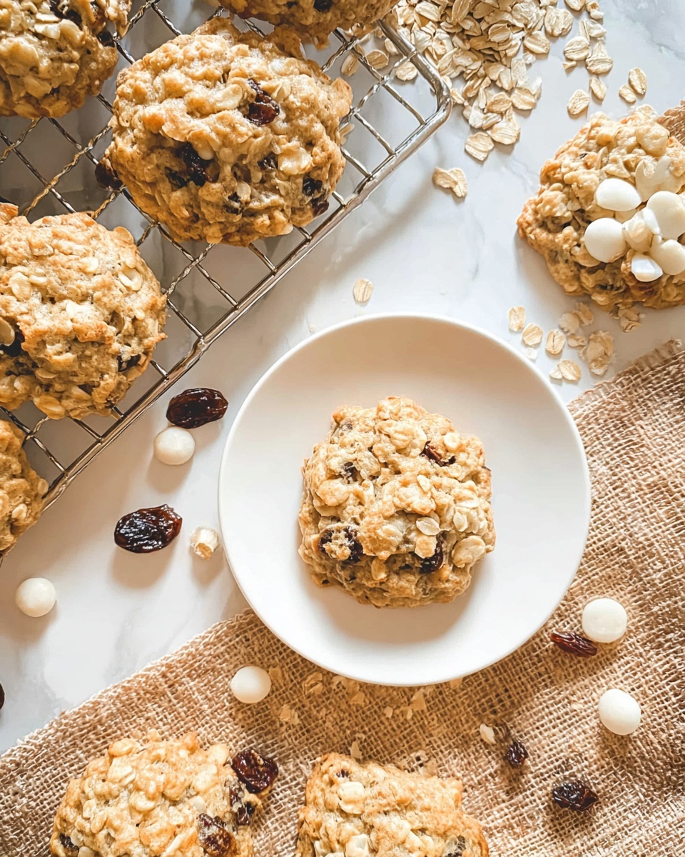 The image shows multiple oatmeal raisin cookies with a light golden-brown color and rough texture filled with visible oats and dark raisins. One cookie is stacked on top of another on a white round plate, placed on a white marbled surface with scattered rolled oats and raisins around. Other cookies are cooling on a metal rack beside the plate, and a small glass jar lies tipped over spilling oats. There is also a string of light wood beads arranged near the plate, adding a decorative touch. The photo taken with an iphone --ar 4:5 --v 7