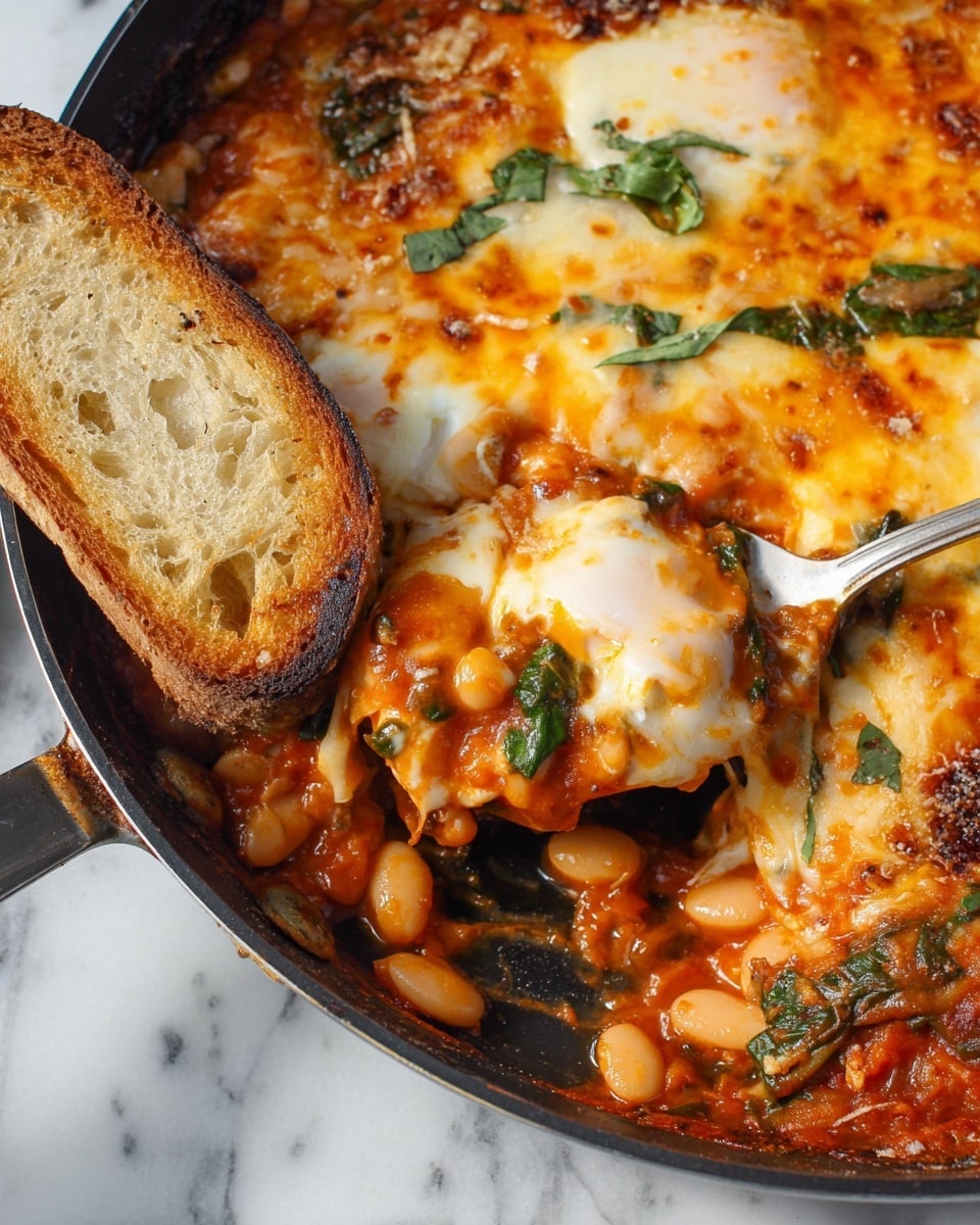 A close-up view of a baked dish in a black cast-iron skillet, showing three clear layers: the bottom layer with a thick tomato sauce, visible white beans, and some green leafy herbs; the middle layer with melted cheese that is golden and slightly browned in parts, covering the beans and sauce; and scattered thin green herb strips on top. On the top left corner, there is a piece of toasted bread with a light golden crust resting partly on the cheese and beans. Two silver serving spoons scoop out a portion from the right side, revealing the gooey texture of melted cheese stretching slightly. The background is a white marbled surface. Photo taken with an iphone --ar 4:5 --v 7