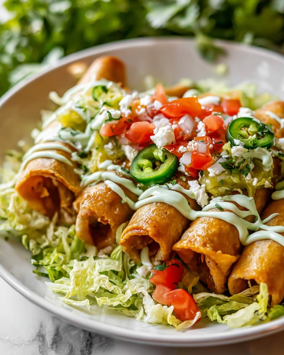 A white plate holds five rolled golden brown taquitos arranged in a layered pile. The taquitos are topped with thin green jalapeño slices, small white crumbly cheese, and two sauces drizzled in lines across them—one creamy white and the other a light green. Fresh red diced tomatoes mixed with chopped green herbs rest on top of the taquitos. Underneath, there is a bed of chopped green lettuce. The background and surface show a white marbled texture. Photo taken with an iphone --ar 4:5 --v 7