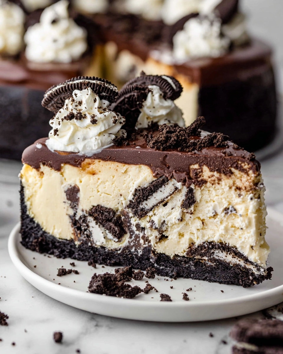 A slice of Oreo cheesecake is shown with three distinct layers: the bottom layer is dark and crumbly Oreo cookie crust, the middle layer is thick, creamy pale yellow cheesecake mixed with chunks of Oreo cookies, and the top layer is a smooth, glossy dark chocolate ganache. On top, there are dollops of white whipped cream decorated with small pieces of Oreo cookies, adding texture and contrast. The slice rests on a white plate with scattered Oreo crumbs around it, all set on a white marbled surface. photo taken with an iphone --ar 4:5 --v 7