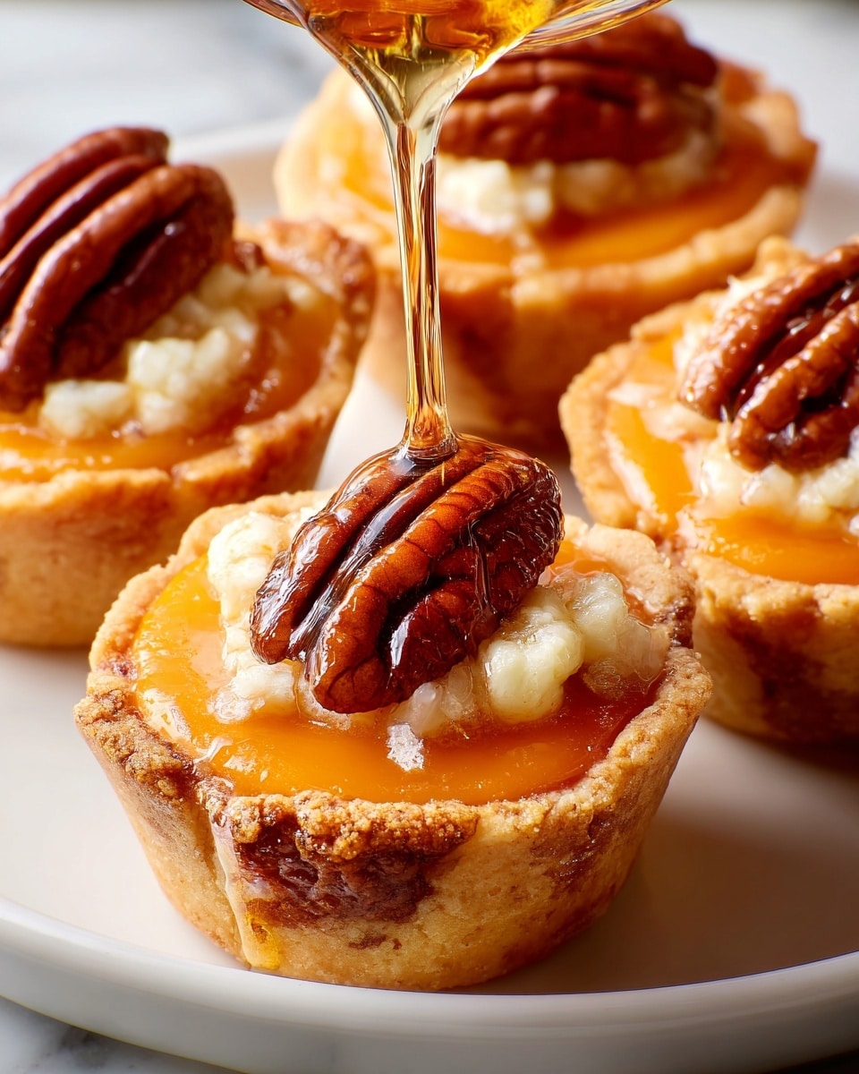A close-up of small tartlets placed closely on a white plate with a white marbled background, each tartlet has three main layers: a light golden-brown crust forming the base and sides, a thick orange filling that looks soft and slightly chunky in the middle, topped with a single glossy pecan nut that is dark brown with fine ridges. Some tartlets show a thin layer of melted white cheese or cream underneath the pecan. A small stream of amber syrup is being poured over the pecan on the front tartlet from above. Photo taken with an iphone --ar 4:5 --v 7