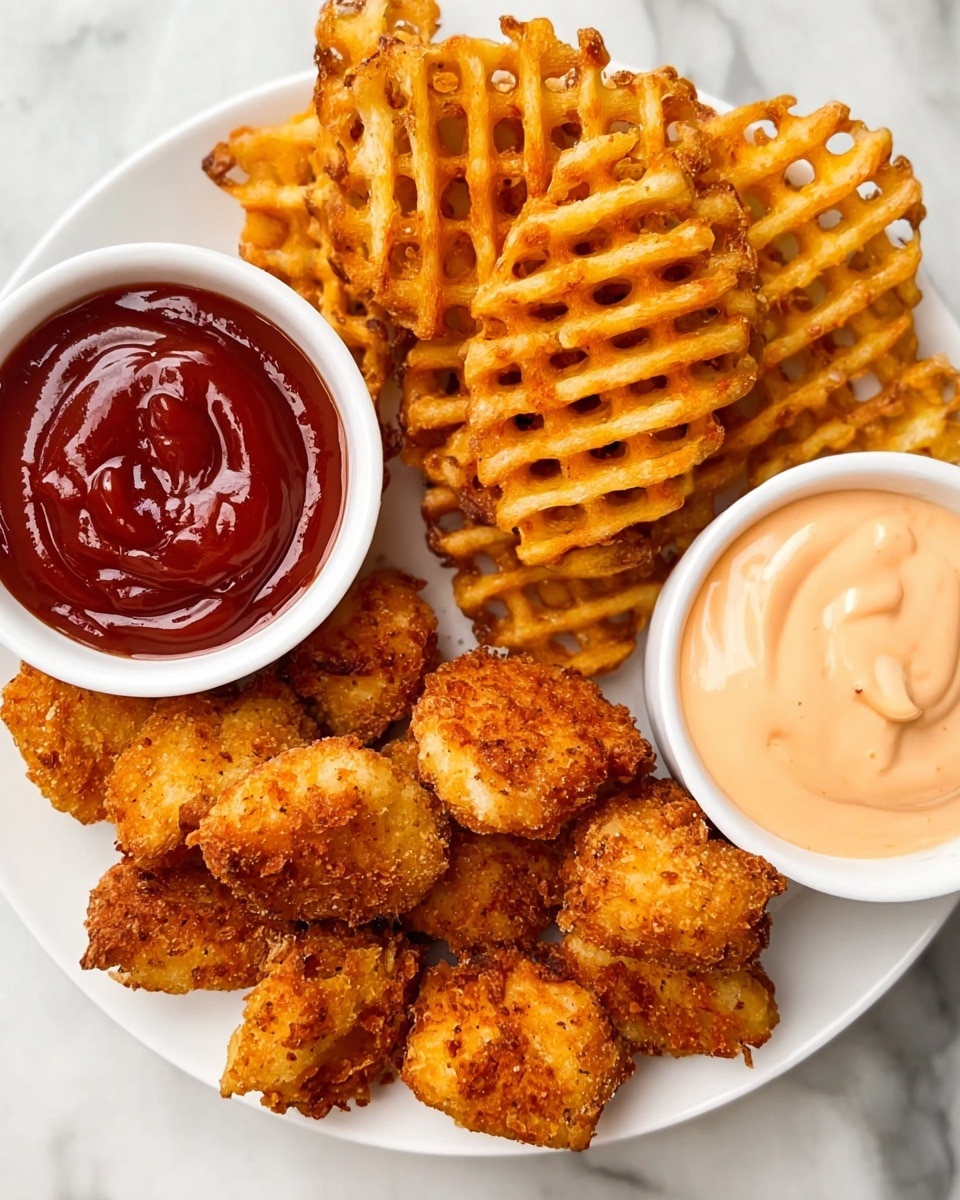 A white rectangular plate filled with a layer of crispy golden brown fried nuggets, each piece showing a crunchy textured coating. Behind the nuggets, two small white bowls hold smooth sauces, one red and one light beige. Some waffle fries peek between the bowls, adding a light golden color to the background. The plate sits on a white marbled surface. photo taken with an iphone --ar 4:5 --v 7
