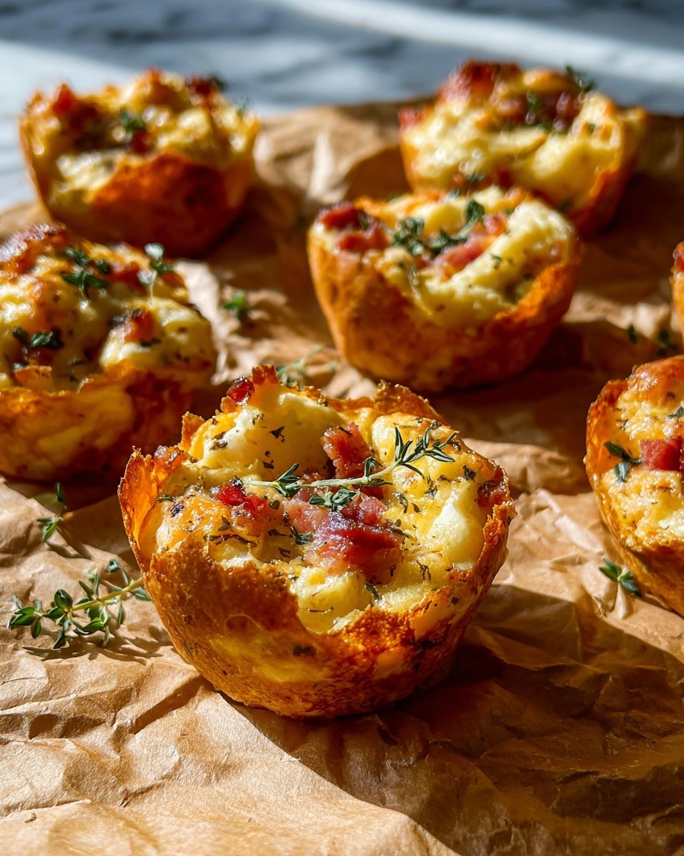 The image shows eleven mini savory tarts placed on a light brown piece of parchment paper on a wooden cutting board. Each tart is filled with a mix of ingredients, showing a golden-brown crust on the outside and a soft, slightly uneven texture on top with visible bits of red, green herbs, and small chunks of filling. The tarts are arranged close to each other in a random order, with one tart slightly broken on the top right side, revealing a creamy filling inside. The surface beneath the board has a smooth white marbled texture. In the background, there are various small bowls containing nuts, dried fruit, and a jar of honey with a wooden dipper, and two glasses with amber-colored drinks. A woman's hand is seen holding one tart near the bottom left side of the board. The scene looks warm and inviting with natural sunlight casting soft shadows. Photo taken with an iphone --ar 4:5 --v 7
