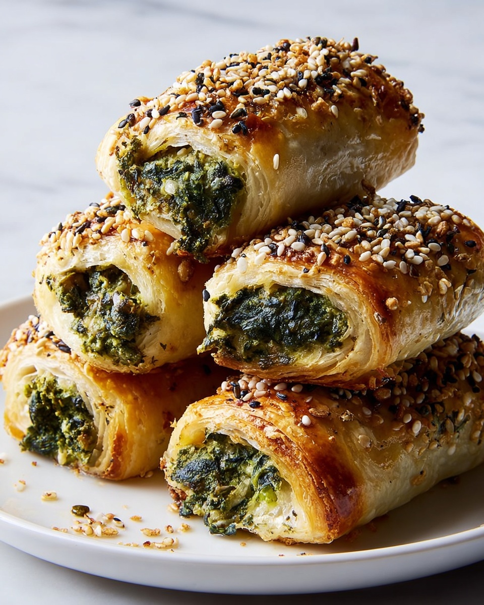 The image shows several golden-brown puff pastry rectangles on a white marbled surface, each topped with sprinkled sesame seeds and spicy black seasoning. Inside the pastries, there is a green, creamy spinach and cheese filling visible where the filling has slightly oozed out, especially in the center where one pastry is broken open, showing two layers: a flaky, crisp pastry outer layer and a soft, leafy green filling inside. Small bits of the toasted seeds and seasoning are scattered around the pastries. The photo taken with an iphone --ar 4:5 --v 7