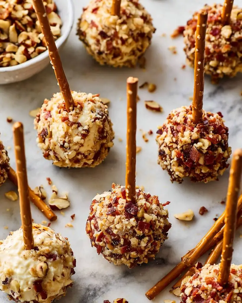 Cheese Ball Bites with Bacon, Pistachios, and Pretzel Sticks Recipe