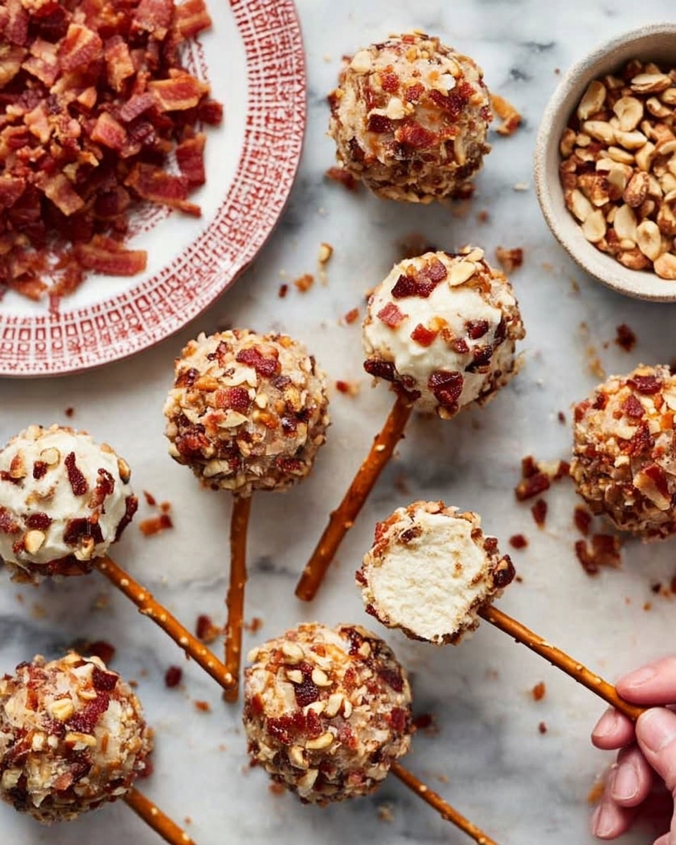 The image shows round cheese balls covered in two types of toppings, each with a pretzel stick inserted as a handle. One type of cheese ball is coated with small pieces of nuts that are light beige and brown, giving a rough texture. The other type is covered with small pieces of reddish bacon, creating a crunchy appearance. The cheese balls are arranged on a white marbled surface in a casual pattern, with some pretzel sticks lying diagonally next to the cheese balls. Nearby are two small bowls on the same white marbled surface: one filled with chopped bacon bits and the other filled with chopped nuts. A woman's hand is holding one of the nut-coated cheese balls with a pretzel stick. photo taken with an iphone --ar 4:5 --v 7