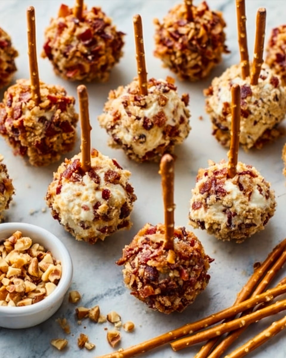 The image shows small round cheese balls with two types of coatings, placed on a white marbled surface. Each cheese ball is skewered with a thin pretzel stick standing upright in the center. There are two coating layers visible: one is light-colored with crushed nuts giving a rough texture, and the other is reddish with fine bits of seasoning, making it look slightly spiky. The cheese balls are arranged in rows, with a few extra pretzel sticks lying flat next to them and a small white bowl on the side filled with crushed nuts. photo taken with an iphone --ar 4:5 --v 7