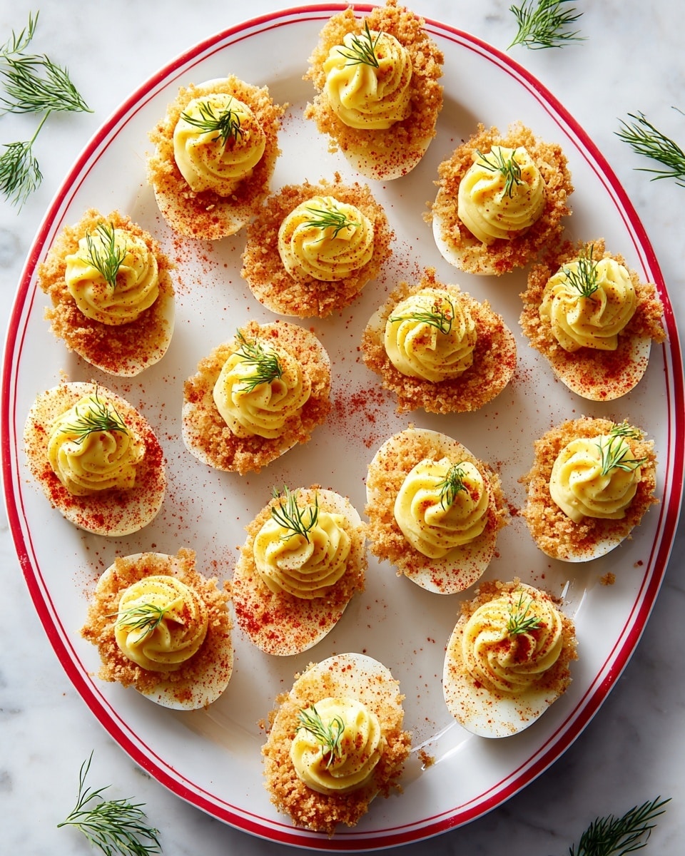 The image shows fifteen pieces of stuffed deviled eggs arranged neatly on a large white plate with a thin red rim, placed on a white marbled surface. Each egg has two visible layers: the bottom layer is the halved egg white base, coated with a crunchy, golden-brown crumb topping, which adds a rough texture. On top of this is a swirl of smooth, bright yellow yolk mixture, piped in a rosette shape at the center of each egg. Each swirl is garnished with a small green sprig of dill and a light dusting of reddish paprika, giving a slight color contrast and texture variation. Fresh dill leaves are scattered randomly on the plate around the eggs, adding a natural touch. The lighting highlights the eggs’ textures and colors, making the dish look fresh and appetizing. photo taken with an iphone --ar 4:5 --v 7