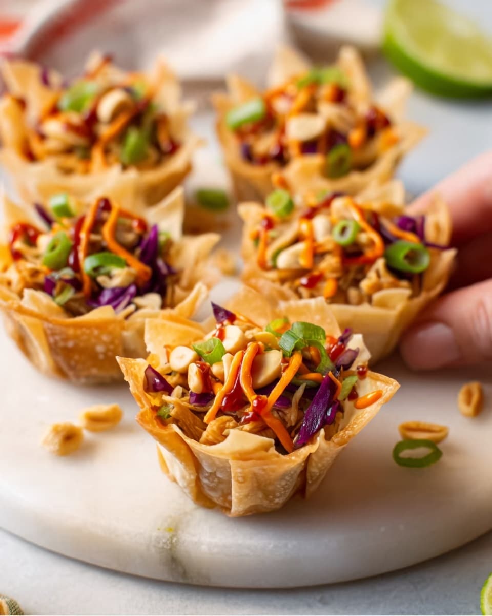 The image shows five small white filo cups filled with a colorful salad, arranged on a white marbled surface. Each filo cup has a crispy, light tan, flaky outer layer shaped like a flower with ruffled edges. Inside, there are layers of vibrant vegetables including shredded purple cabbage, orange carrot strips, and green onions. Topping the salad are thin, light brown crunchy noodles and a drizzle of creamy orange sauce. Small bits of peanuts and herbs are scattered on top, adding texture and color contrast. A wedge of lime is placed next to the cups. The background is softly blurred with warm white lighting. Photo taken with an iphone --ar 4:5 --v 7