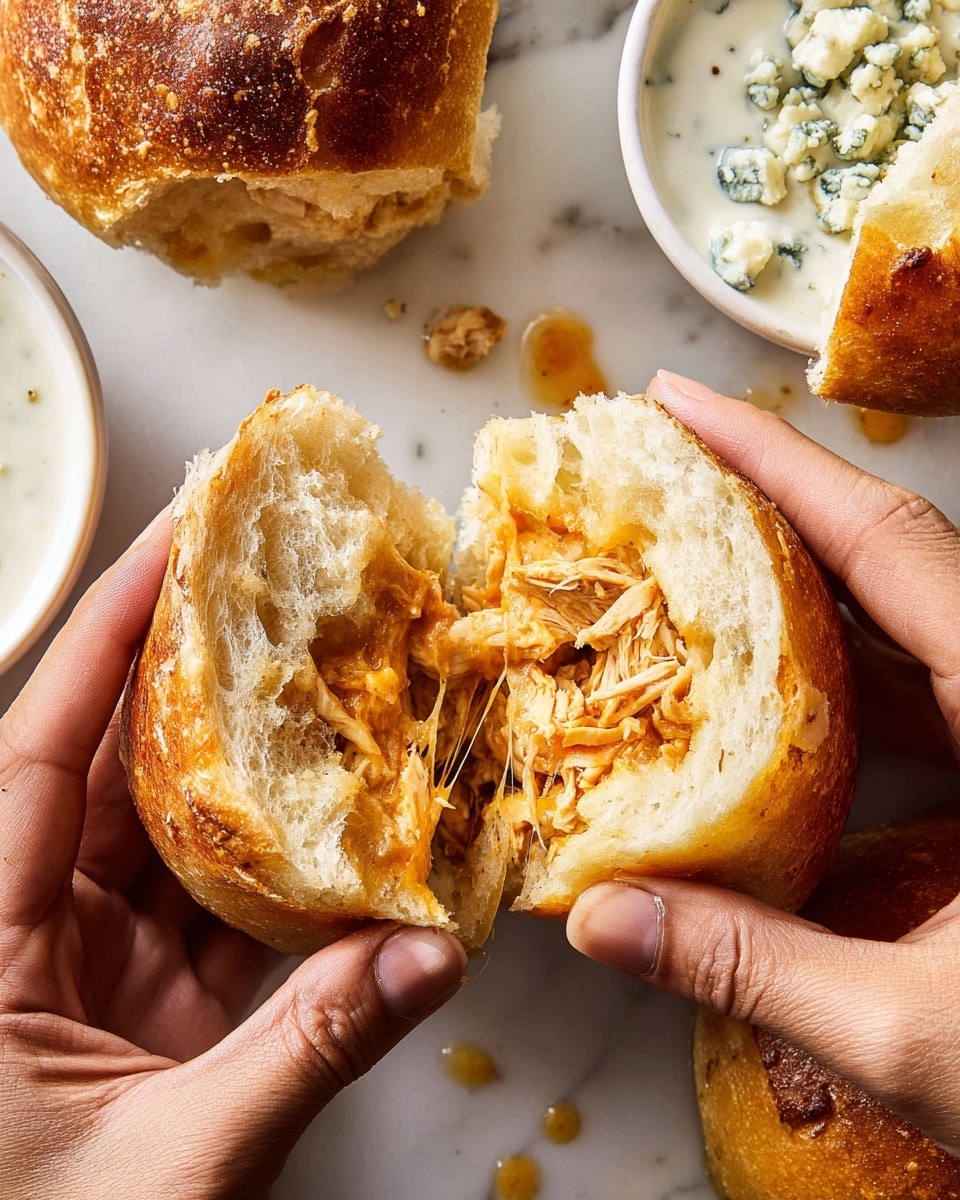Two woman's hands are pulling apart a round bread roll with a golden-brown crust and soft, fluffy inside. Inside the bread, there are layers of shredded chicken in a reddish-orange sauce mixed with melted cheese, stretching slightly as the bread separates. The roll is held over a white marbled surface sprinkled with coarse salt. Nearby, there are other pieces of similar bread and a small white bowl filled with a creamy, white dipping sauce with bits of blue cheese on top. Photo taken with an iphone --ar 4:5 --v 7