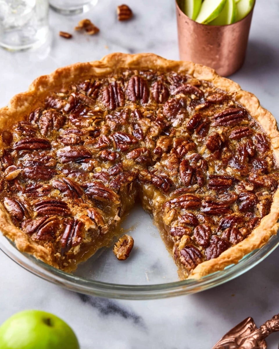 A round pecan pie sits on a clear glass plate, showing a golden, flaky crust that rises slightly on the edges. The top layer is fully covered with whole, glossy pecan nuts, dark brown and toasted, tightly packed together. Beneath the nuts, the filling appears gooey and rich with a caramel color that shines through in small spots. Near the pie, a small, round copper cup filled with pecans rests on a beige cloth, and to the right, fresh green apple slices are stacked. The background is a white marbled surface. Photo taken with an iphone --ar 4:5 --v 7