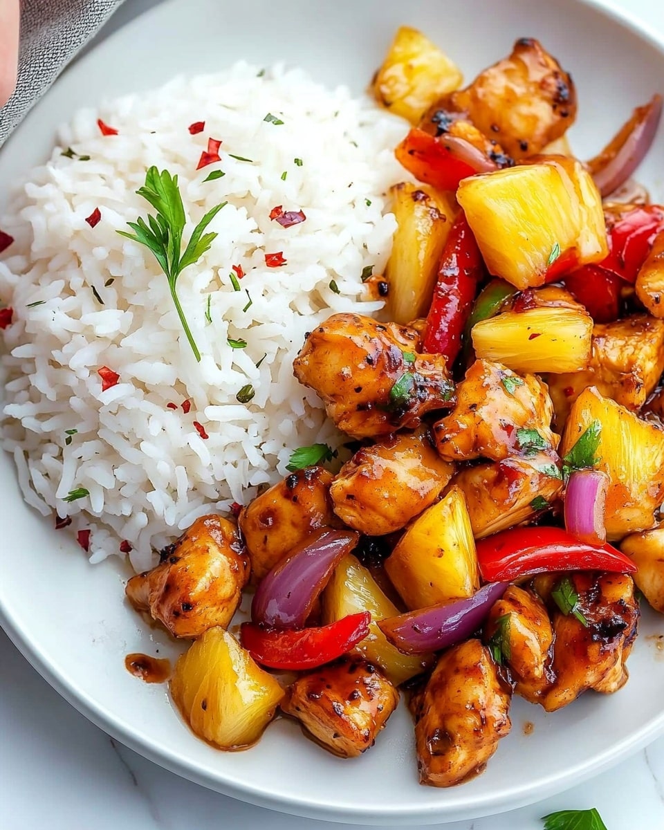 A white round plate shows a colorful dish with two main parts: on the left is a neat mound of white rice with a few green herbs and small red flakes on top, and on the right is a mix of golden brown cooked chicken pieces, bright yellow pineapple chunks, red bell pepper slices, and thin purple onion strips, all coated in a glossy sauce. The chicken and vegetables layer is slightly piled and looks juicy and tender. The plate sits on a white marbled surface with some green herbs and lemon slices around it, adding a fresh touch. photo taken with an iphone --ar 4:5 --v 6.1