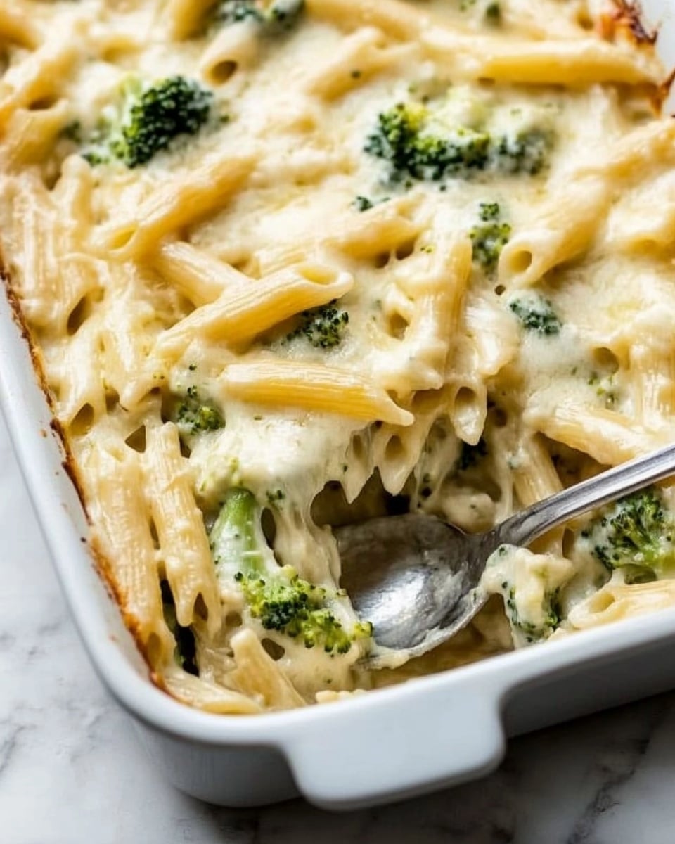 The image shows a close-up of a white rectangular baking dish filled with a baked pasta and broccoli casserole. The bottom layer consists of tender cooked broccoli florets mixed with penne pasta, both coated in a creamy white sauce. On top of this is a thick, melted layer of golden cheese with a bubbly texture and light browning in spots. A silver spoon rests inside the dish, scooping out a serving from the corner, revealing the layers underneath. The dish sits on a white marbled surface. photo taken with an iphone --ar 4:5 --v 6.1