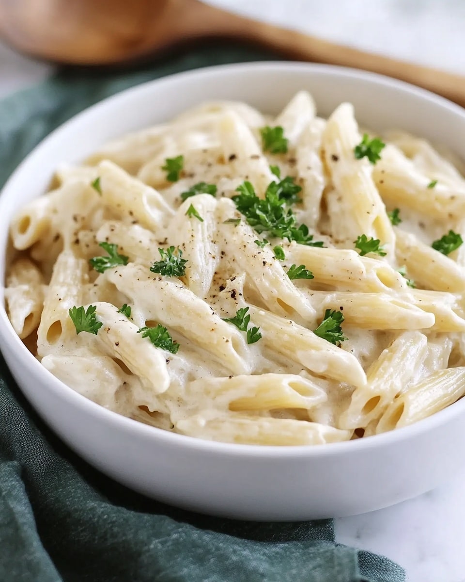 The image shows a close-up of a white bowl filled with creamy pasta. The pasta is penne, all covered in a thick white sauce that looks smooth and rich. Tiny pieces of green parsley are scattered on top, adding a fresh touch. Black pepper specks are also visible, giving a slight contrast on the sauce. The mix of creamy sauce and pasta shapes creates a soft but textured look. The bowl sits on a white marbled surface, making the colors of the dish stand out. photo taken with an iphone --ar 4:5 --v 6.1