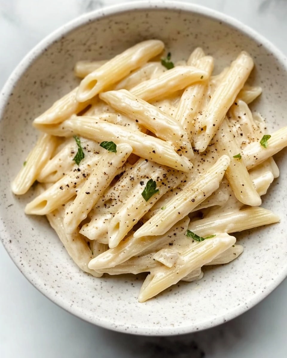 A white bowl filled with penne pasta mixed with a creamy white sauce, topped with small sprinkles of green herbs and a light dusting of black pepper. The pasta appears smooth and coated evenly with the sauce, creating a soft texture. The bowl rests on a white marbled surface. Photo taken with an iphone --ar 4:5 --v 6.1