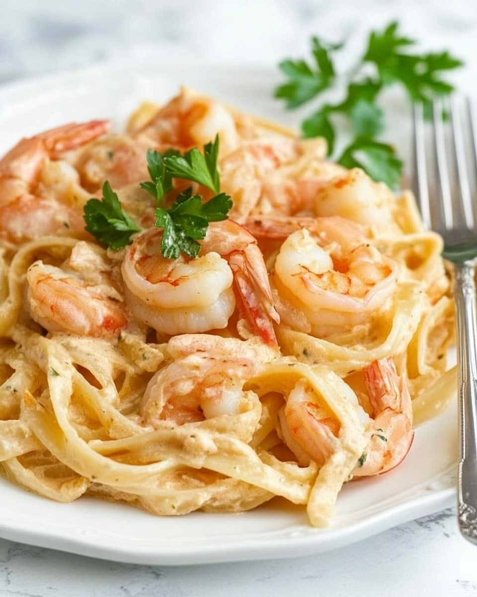 The image shows a white plate with a serving of creamy pasta topped with several cooked shrimp. The pasta is light yellow and looks soft and smooth, layered thickly on the plate. The shrimp are pinkish-orange with a slightly browned texture, scattered evenly on top of the pasta. Small green parsley leaves are placed sporadically for garnish, adding a pop of color. A silver fork rests on the right side of the plate on a white marbled surface. Photo taken with an iphone --ar 4:5 --v 6.1