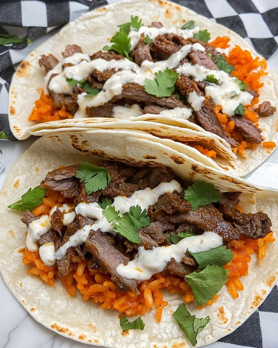 The image shows two soft white tortillas on a white plate with black and white checkered paper underneath. Each tortilla is filled with two main layers: the bottom layer is orange rice with a slightly rough texture, and on top of that are pieces of cooked brown meat with a coarse texture. The tortillas are topped with fresh green cilantro leaves and drizzles of white sauce and a reddish-brown sauce, adding contrast and moisture to the dish. The top tortilla is partially folded, showing the filling inside while the bottom tortilla lies flat. The scene is set on a white marbled surface photo taken with an iphone --ar 4:5 --v 6.1