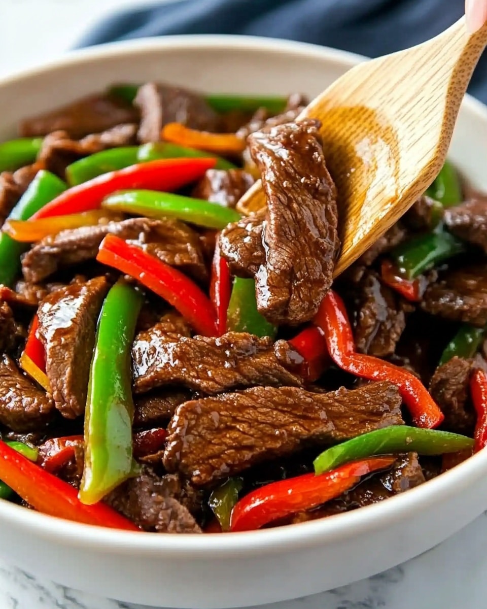 A white bowl filled with a bottom layer of fluffy white rice, topped with a pile of dark brown cooked beef strips that have a shiny, slightly glossy texture, mixed with bright red bell pepper slices and vibrant green beans. The vegetables and beef are layered evenly on top of the rice, creating a colorful contrast against the white bowl and the white marbled surface beneath. The photo is detailed and crisp, showing the juicy texture of the beef and the fresh look of the vegetables, photo taken with an iphone --ar 4:5 --v 6.1