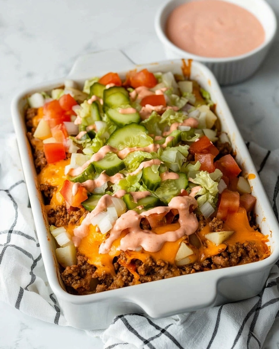 The dish is served in a white square baking dish with two handles, placed on a white marbled surface with a white cloth nearby. The bottom layer is cooked ground meat mixed with browned potatoes, topped with melted orange-yellow cheddar cheese. On top, there are fresh shredded light green lettuce and diced red tomatoes, with slices of green pickles scattered over them. The dish is finished with a light pink creamy sauce drizzled over the top. In the background, there is a small white bowl with more pink sauce. photo taken with an iphone --ar 4:5 --v 6.1