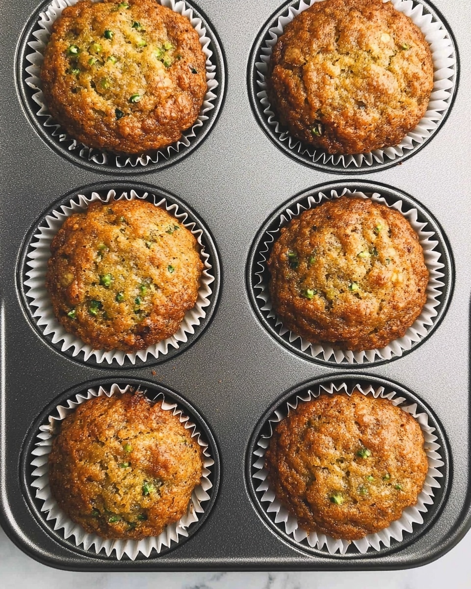 The image shows four round muffins in white paper liners placed in a metal muffin tray. Each muffin is golden brown with a slightly uneven, textured surface that has visible green and yellow specks, suggesting the presence of vegetables like zucchini. The muffins fill each cup almost to the top with a rustic, slightly rough baked crust. The metal tray is silver and smooth, and the background surface is a white marbled texture. photo taken with an iphone --ar 4:5 --v 6.1