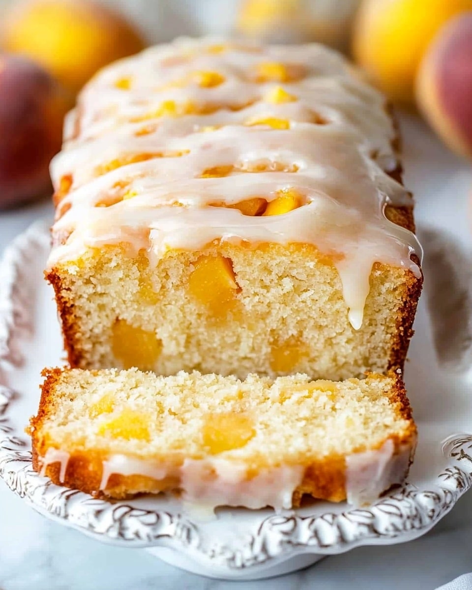 A peach cake loaf with a golden brown crust sits on a white decorative plate. The cake has a smooth, light beige glaze dripping down the sides and pooling slightly on the plate. Inside, soft peach pieces add a slight orange tint visible underneath the glaze. Behind the loaf, two whole ripe peaches with red and yellow skin rest on a white marbled surface. The background has a blurred rustic wooden texture. The photo taken with an iphone --ar 4:5 --v 6.1
