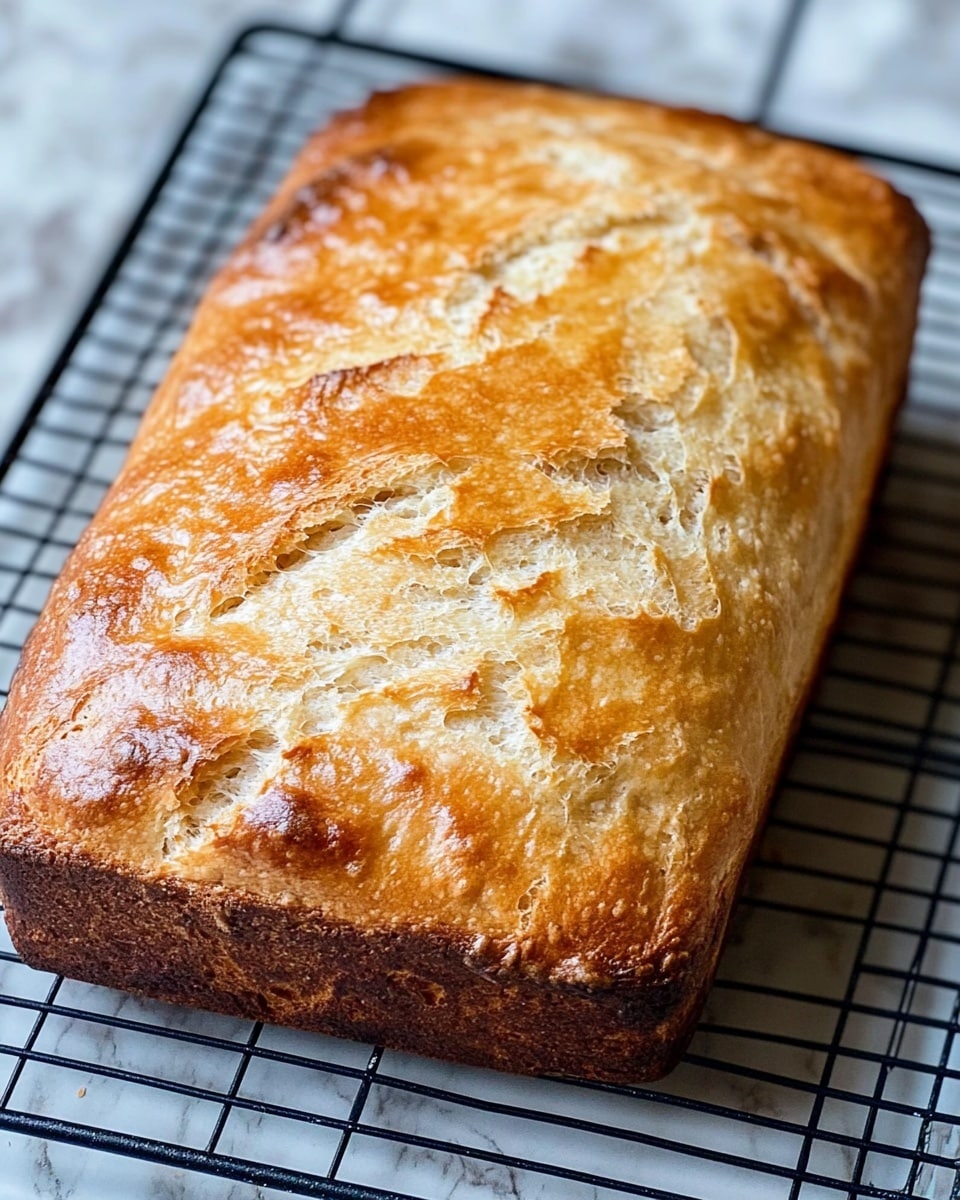 A rectangular golden brown loaf cake with a slightly cracked top and a rough texture sits on a black wire cooling rack, showing a browned crust on the side edges and a lighter golden top with small orange spots inside. The wire rack is placed on a white marbled surface. photo taken with an iphone --ar 4:5 --v 6.1