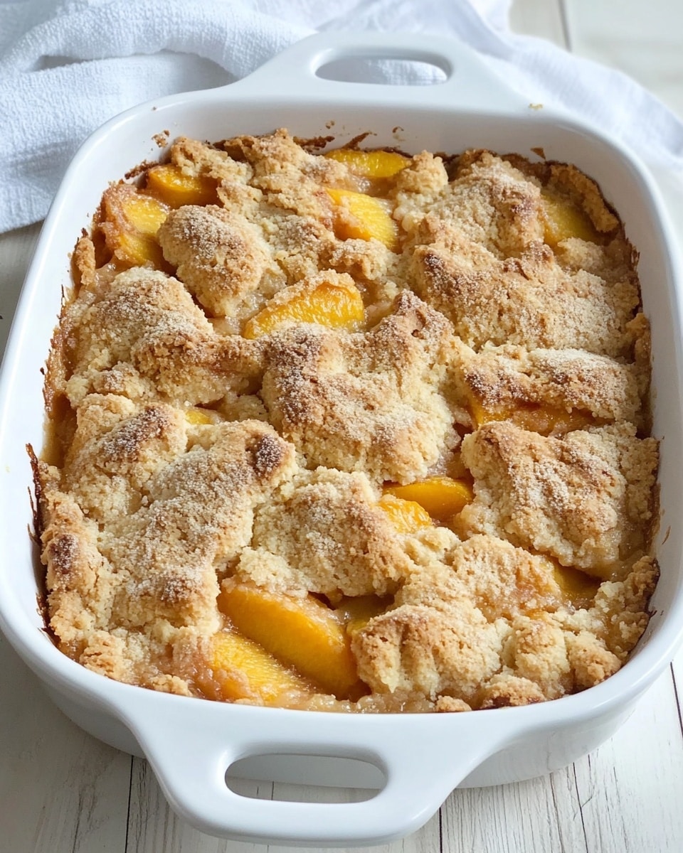 A white rectangular baking dish holds a peach cobbler with a rough, golden-brown top layer made of baked dough pieces that are uneven and rustic in shape. Underneath this top crust, peach slices with a warm orange color peek through, creating a mix of soft fruit and crisp baked dough. The cobbler looks thick and hearty, filling the dish almost to the top, sitting on a white marbled surface with a soft beige cloth beside it. photo taken with an iphone --ar 4:5 --v 6.1