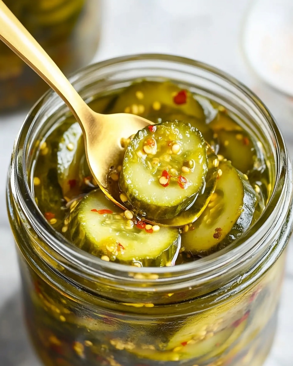 The image shows a clear glass jar filled with thin round slices of green pickles soaked in a yellowish brine with visible mustard seeds and spices. The jar is open, with a silver lid lying next to it on a white marbled surface. In the background, there are three more sealed jars filled with similar pickles, slightly blurred. A white cloth with thin black stripes is partly visible on the left side. The overall scene is bright and clean, focusing on the textures and colors of the pickles and the glass jars. photo taken with an iphone --ar 4:5 --v 6.1