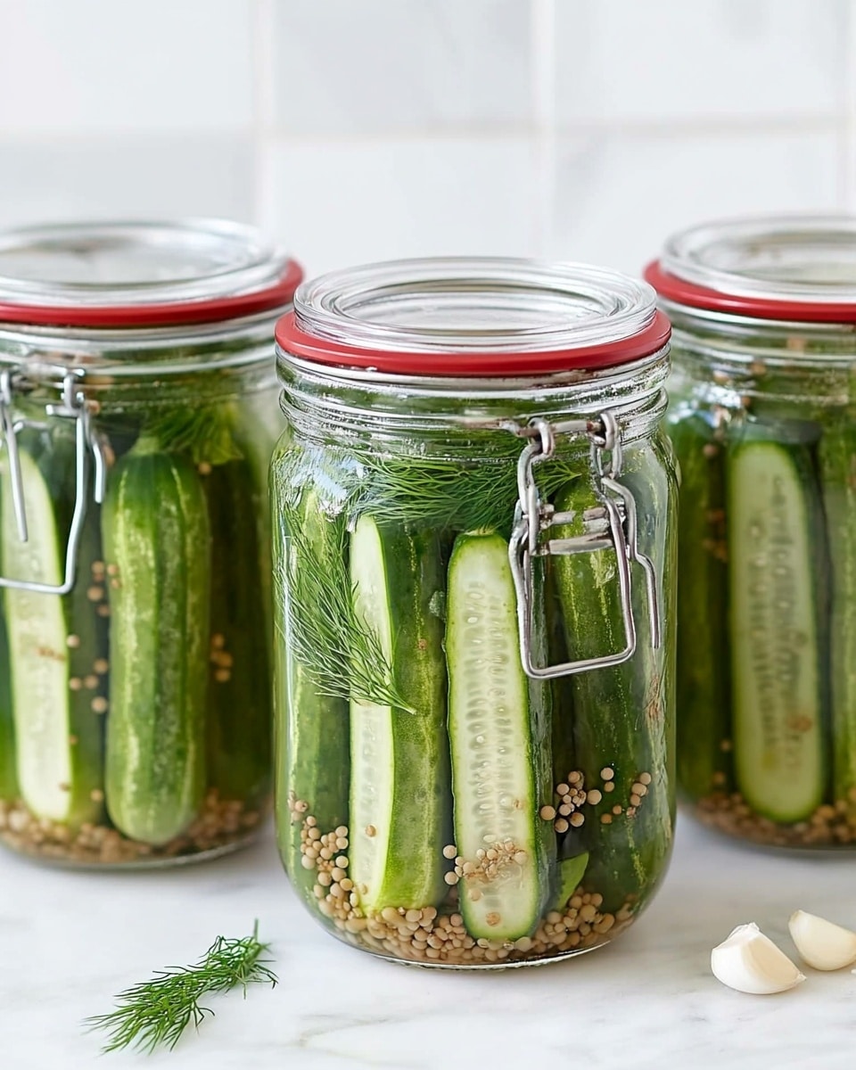 The image shows four tall clear glass jars filled with long, green cucumber slices standing vertically inside, with some fresh dill sprigs visible in a few jars. A woman's hand is pouring clear liquid from a glass measuring cup into the second jar from the right. The jars are placed in a row on a white marbled surface with a white tiled background. The cucumbers have a fresh, glossy texture, and the dill adds a touch of green detail inside the jars. photo taken with an iphone --ar 4:5 --v 6.1