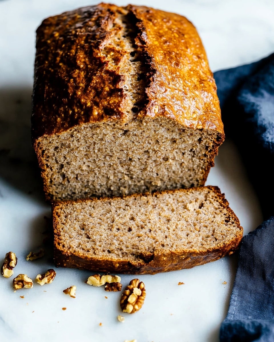 The image shows three slices of brown bread with visible small nuts inside, stacked on top of each other. The top slice has a shiny, golden-brown crust with a crack on one side. The bread rests on a white marbled surface with some crumbs scattered nearby. A blue cloth is placed on the right side of the bread, adding a touch of color to the scene. Photo taken with an iphone --ar 4:5 --v 6.1