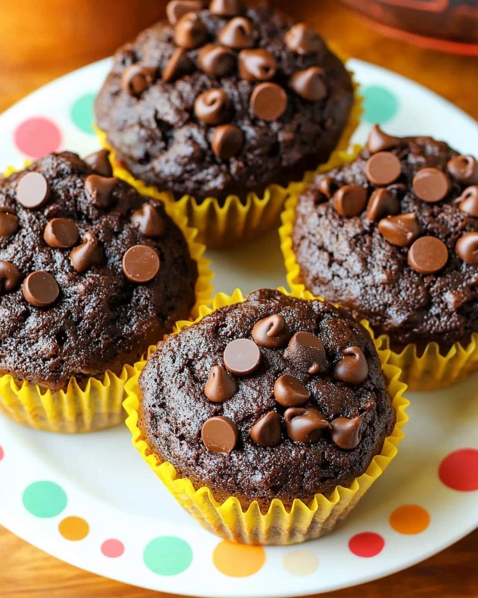 A close-up of a dark chocolate muffin with a soft, moist texture and small chocolate chips scattered on top and inside. The muffin is partly eaten, showing the rich, dense crumb inside, with a few chocolate chips peeking through. It sits inside an opened yellow paper liner that has slight oil stains. The background features a white marbled surface, and a second chocolate muffin is partially visible in the background. Photo taken with an iphone --ar 4:5 --v 6.1
