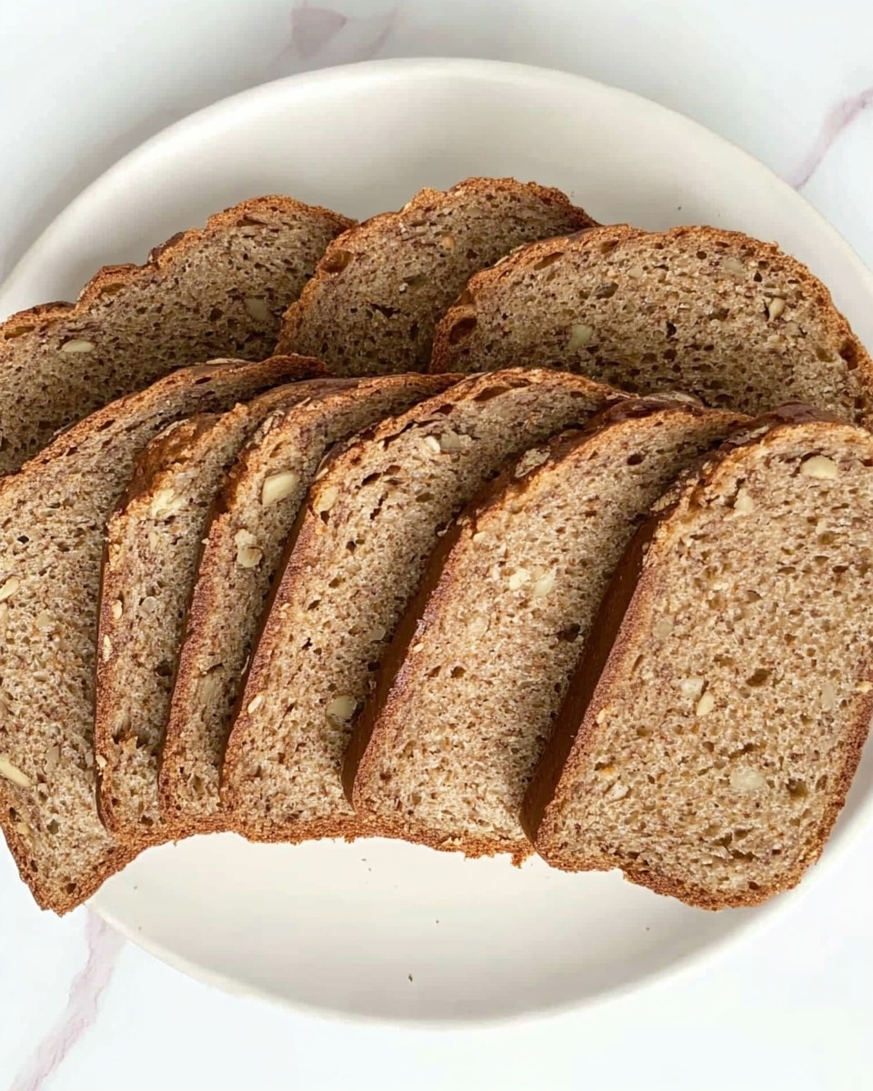 The image shows nine slices of brown bread with a slightly rough texture, each slice stacked closely and leaning against each other in a row. The bread has a darker crust on the sides and top, with a lighter brown, slightly speckled inside. The slices are arranged horizontally across a soft pink plate, which rests on a white marbled surface. The lighting highlights the bread's crumb texture and the contrast between the crust and interior. Photo taken with an iphone --ar 4:5 --v 6.1