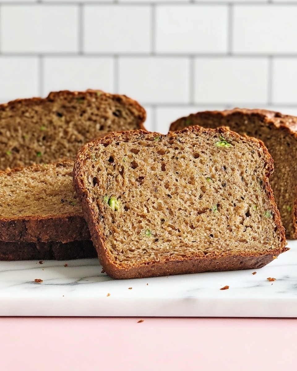 A loaf of bread with a dark brown crust and a moist, light brown inside speckled with small green and darker bits is shown on a white marbled surface. There are three pieces visible: the main loaf in the center with a textured, rough crust and two slices placed upright to the right and flat to the left. The background is a smooth white subway tile wall, and the bread rests on a soft pink cloth. Photo taken with an iphone --ar 4:5 --v 6.1