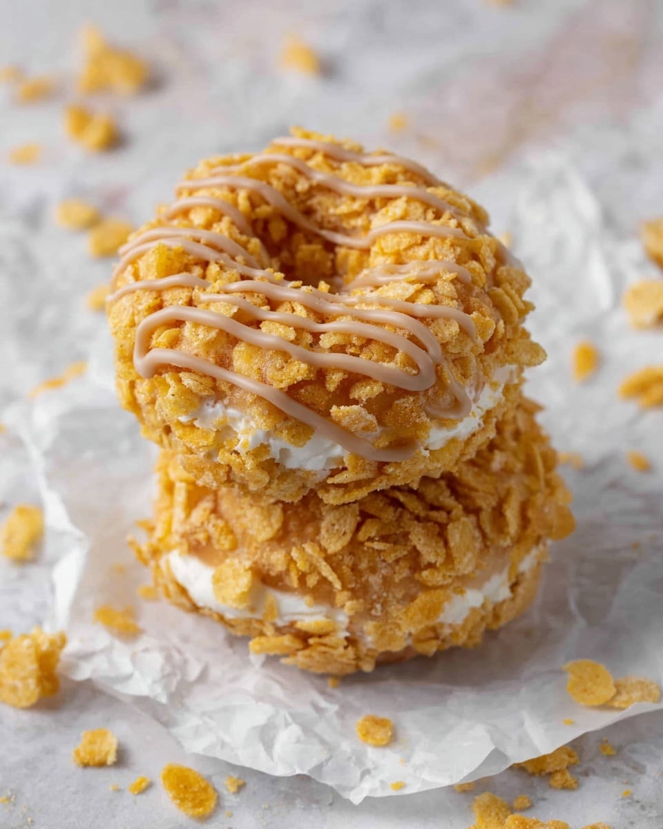 Two stacked round donut-shaped treats made of crispy golden cornflakes and white marshmallow layer, topped with a light brown drizzle in thin lines across the top, placed on crumpled white paper over a white marbled surface, some loose cornflakes scattered in the background, the top treat showing a bite taken from it, photo taken with an iphone --ar 4:5 --v 7