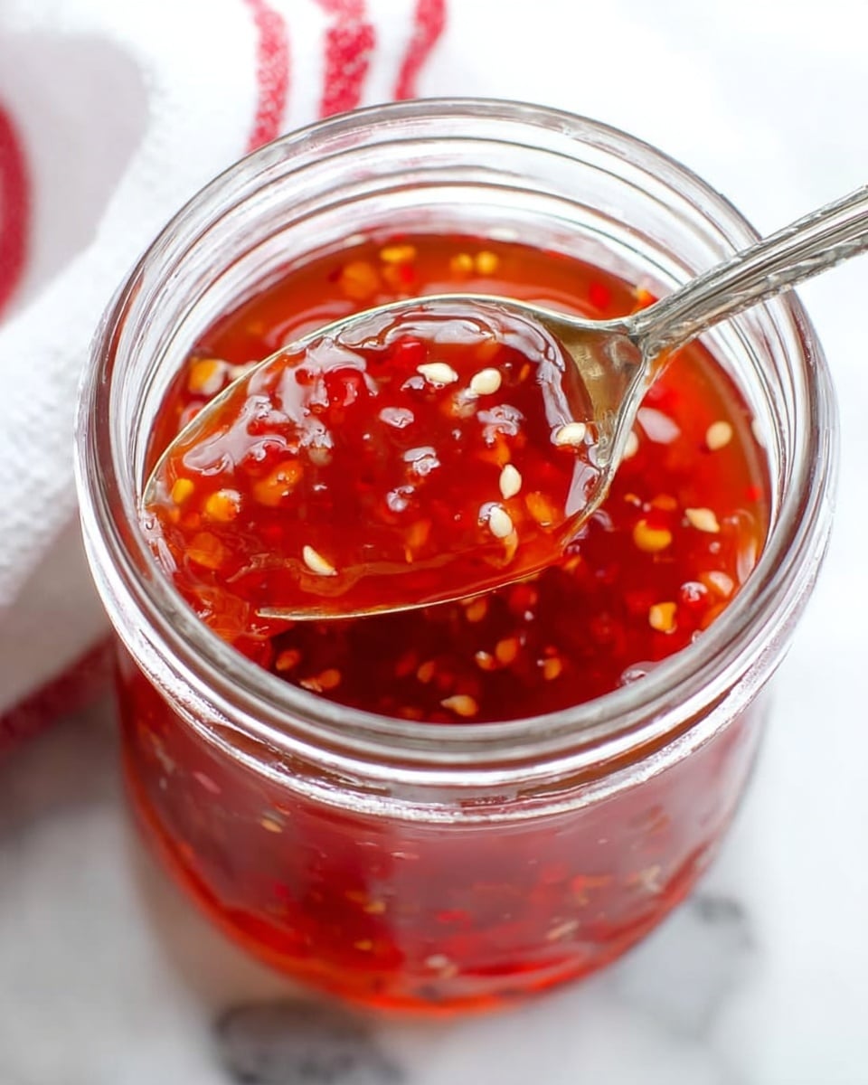 A close-up view of a clear glass jar filled with bright orange-red chili sauce that has visible small white and dark red chili seeds spread throughout, giving the sauce a slightly textured look. The jar is open, revealing the glossy, liquid surface of the sauce, with a metal spoon resting inside the jar diagonally from the top left, holding a small amount of the thick, shiny sauce that catches the light. The background is a white marbled surface that contrasts with the vibrant color of the sauce. photo taken with an iphone --ar 4:5 --v 7