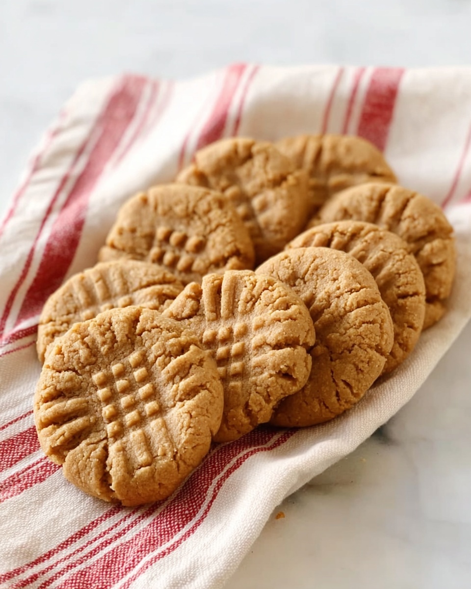 A tall stack of eight light brown peanut butter cookies with crisscross fork marks on top, placed on a white marbled surface. Next to the stack, there are two more cookies leaning against each other, showing the same textured pattern. The cookies are surrounded by a white cloth with wide red stripes. In the background, a wooden board holds more cookies and a metal utensil, all softly blurred with warm bokeh lights. photo taken with an iphone --ar 4:5 --v 7
