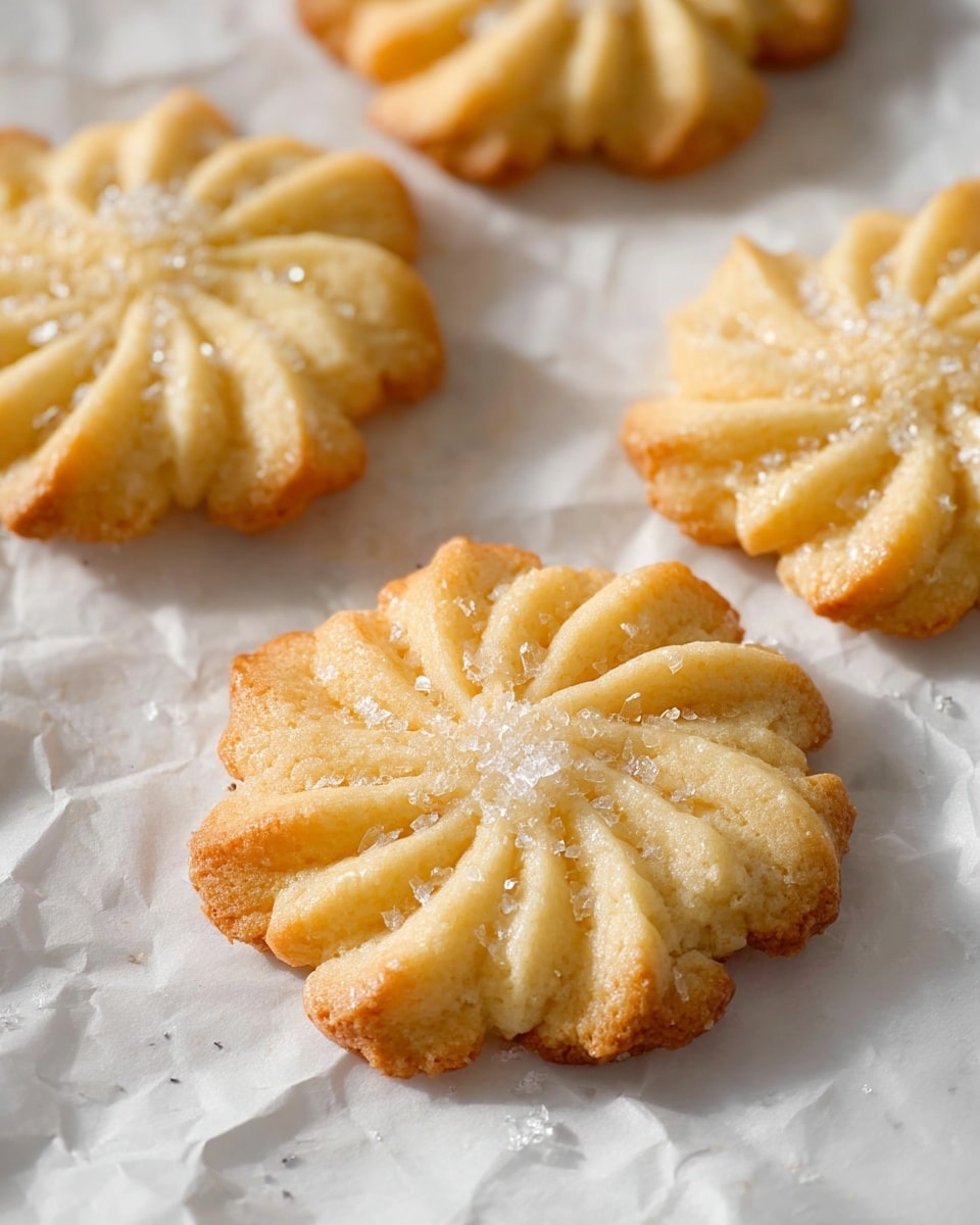 The image shows several flower-shaped cookies with a light golden-brown color and a slightly crisp texture on the edges. Each cookie has 12 distinct petal-like sections radiating from the center, with a slight raised swirl pattern on each petal. The cookies sit on crumpled white paper with coarse sugar crystals scattered over and around them, adding a sparkling effect. The overall look is soft and delicate, with a warm, baked tone. Photo taken with an iphone --ar 4:5 --v 7