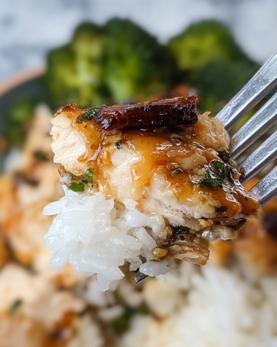 A close-up view shows a piece of cooked food held by a silver fork, with white rice clinging to the bottom and a glazed, golden-brown topping that looks shiny and slightly sticky, with small green herb bits sprinkled on it. The piece has a dark, slightly charred edge, giving it a textured look. In the blurred background, there is more white rice and green broccoli, all placed on a white marbled surface. Photo taken with an iphone --ar 4:5 --v 7