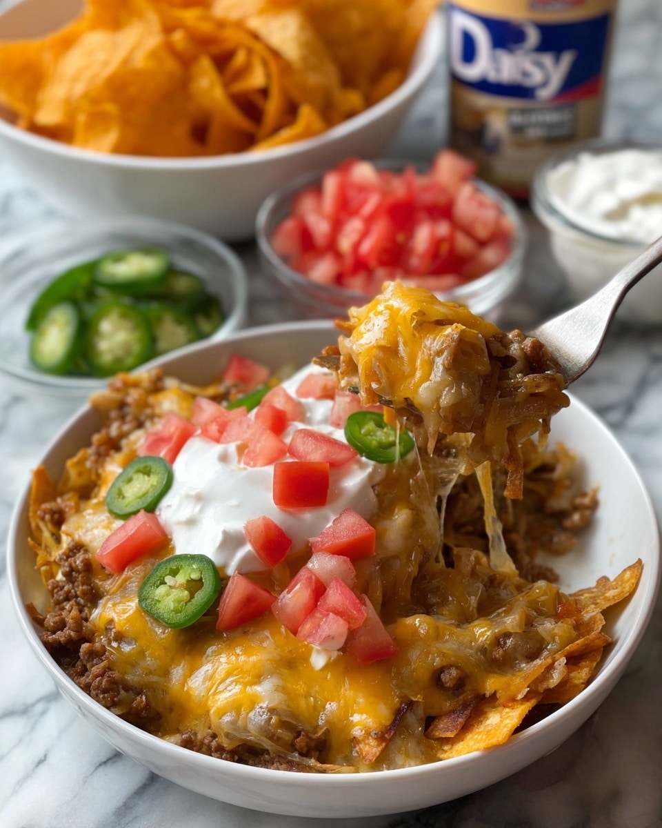 A white plate holds a layered dish featuring a base of melted cheese mixed with cooked ground meat, covered with a layer of shredded, golden-orange cheese melted through the mix. On top, there are chunks of red tomato and slices of green jalapeño pepper, along with crushed orange corn chips scattered over the dish. A metal fork lifts a generous portion showing the gooey texture of the cheese and meat blend with tomato pieces and a jalapeño slice visible in the bite. In the background, there is a white bowl filled with orange corn chips, a white container of light sour cream, and two small white bowls containing diced red tomatoes and green jalapeño slices. The setting features a white marbled surface. Photo taken with an iphone --ar 4:5 --v 7