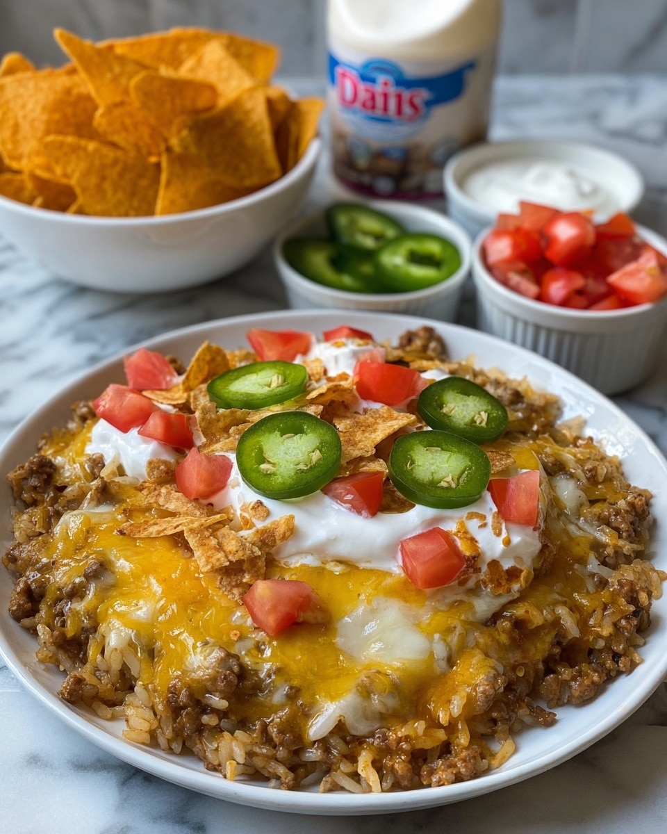 A white plate holds a layered dish starting with a base of cooked ground meat mixed with melted yellow and white cheese, topped with diced red tomatoes scattered around. On top of this, there is a dollop of white sour cream in the center, surrounded by slices of fresh green jalapeño peppers and broken pieces of orange tortilla chips spread evenly over everything. Behind the plate, there is a white bowl filled with orange tortilla chips, a white bowl with diced red tomatoes, and another white bowl containing sliced jalapeños, all placed on a white marbled surface with a container of sour cream in the background. Photo taken with an iphone --ar 4:5 --v 7